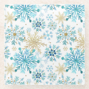 Waterverf Blauwe en Gouden Glitter Winter Sneeuwvl Glazen Onderzetter