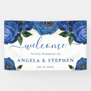 Waterverf Blauwe en Gouden Rozen Bruiloft Spandoek