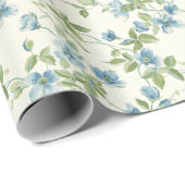 Waterverf Blauwe en Groene Bloemen op Wit Cadeaupapier (Rol Hoek)