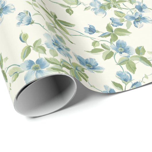 Waterverf Blauwe en Groene Bloemen op Wit Cadeaupapier (Rol Hoek)