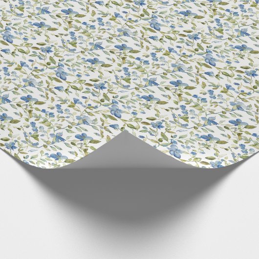 Waterverf Blauwe en Groene Bloemen op Wit Cadeaupapier (Hoek)