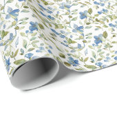 Waterverf Blauwe en Groene Bloemen op Wit Cadeaupapier (Rol Hoek)