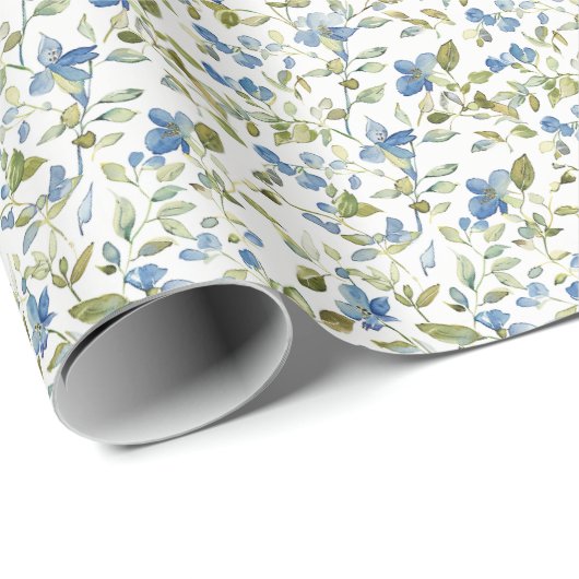 Waterverf Blauwe en Groene Bloemen op Wit Cadeaupapier (Rol Hoek)