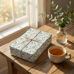 Waterverf Blauwe en Groene Bloemen op Wit Cadeaupapier