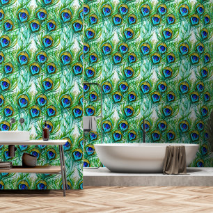 Waterverf Blauwe en Groene Pauw Veren Collage Behang