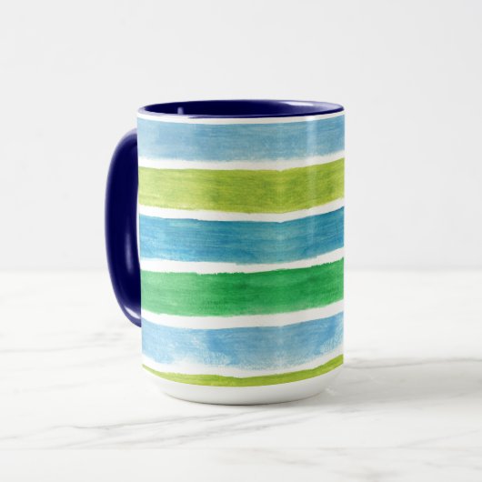 Waterverf Blauwe en groene Zee Stripes Mok (Voorkant links)