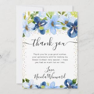 Waterverf Blauwe en Marinebloemen Sweet 16 Bedankkaart