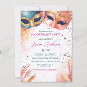 Waterverf Blauwe en Rode Masquerade Feestverjaarda Kaart (Voorkant)