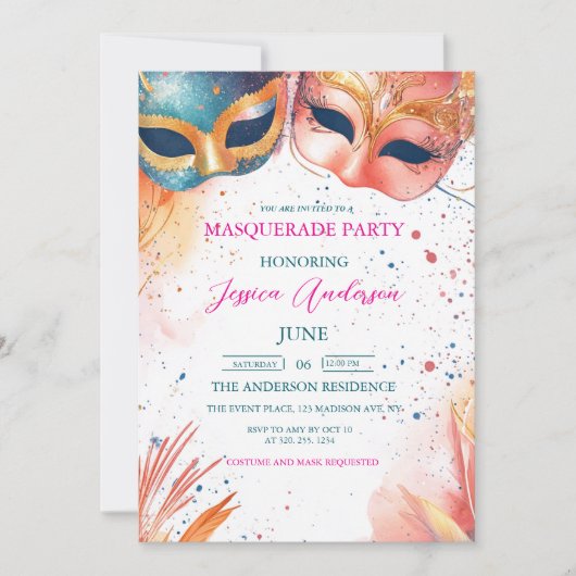Waterverf Blauwe en Rode Masquerade Feestverjaarda Kaart (Voorkant)