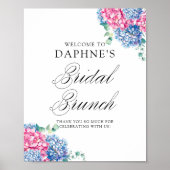 Waterverf Blauwe en Roze Hydrangeas Bruids Brunch Poster (Voorkant)