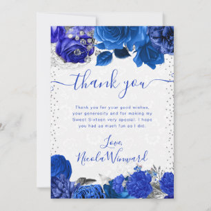 Waterverf Blauwe en Zilveren Bloemen Sweet 16 Bedankkaart