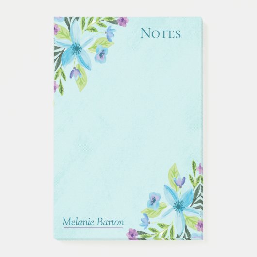 Waterverf Blauwe Floral Aangepaste Notities Post-it® Notes (Voorkant)