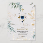 Waterverf Blauwe Floral Gold Baptisme Kaart (Voorkant / Achterkant)