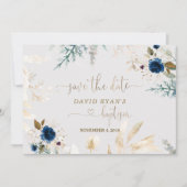 Waterverf Blauwe Floral Gold Baptisme Save The Date (Voorkant)