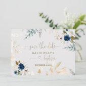 Waterverf Blauwe Floral Gold Baptisme Save The Date (Staand voorkant)