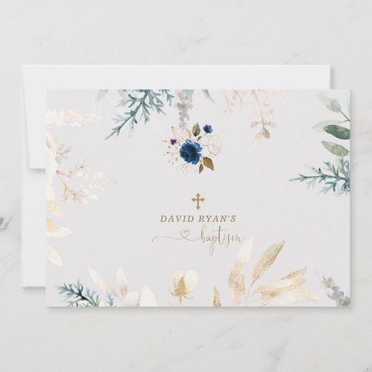 Waterverf Blauwe Floral Gold Baptisme Save The Date (Achterkant)