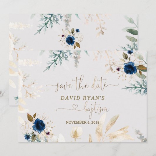 Waterverf Blauwe Floral Gold Baptisme Save The Date (Voorkant / Achterkant)