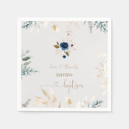 Waterverf Blauwe Floral Gold Baptisme Servet (Voorkant)
