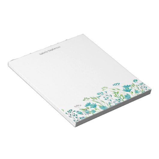  Waterverf Blauwe Floral Grens Gepersonaliseerd Notitieblok (Schuin)