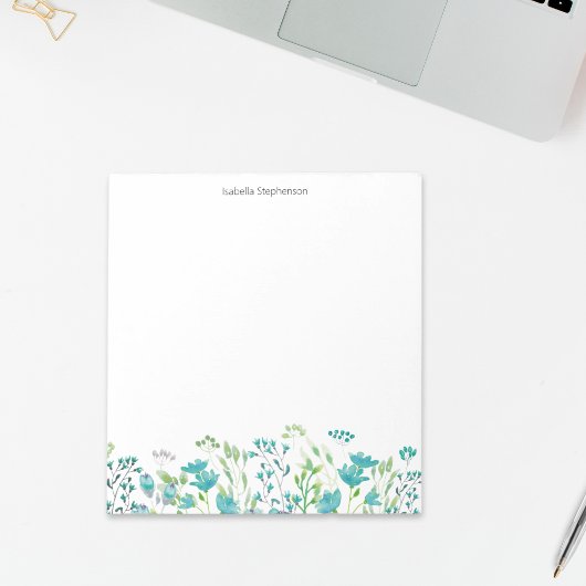  Waterverf Blauwe Floral Grens Gepersonaliseerd Notitieblok