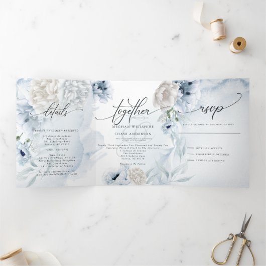 Waterverf Blauwe Floral in 1 WEDING 2 Drieluik Uitnodiging (Binnen)