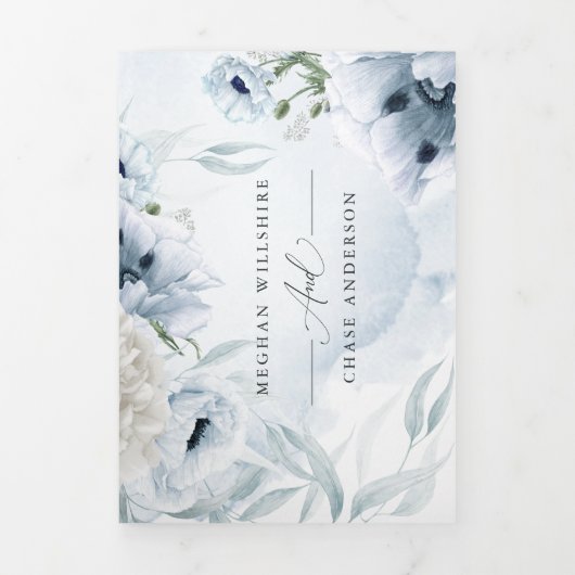Waterverf Blauwe Floral in 1 WEDING 2 Drieluik Uitnodiging (Cover)