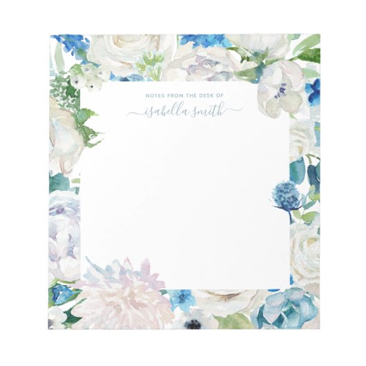 Waterverf Blauwe Floral White Rose  Notitieblok (Voorkant)