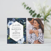 waterverf blauwe florale bruiloft behalve de datum save the date (Staand voorkant)