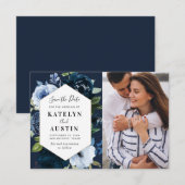 waterverf blauwe florale bruiloft behalve de datum save the date (Voorkant / Achterkant)