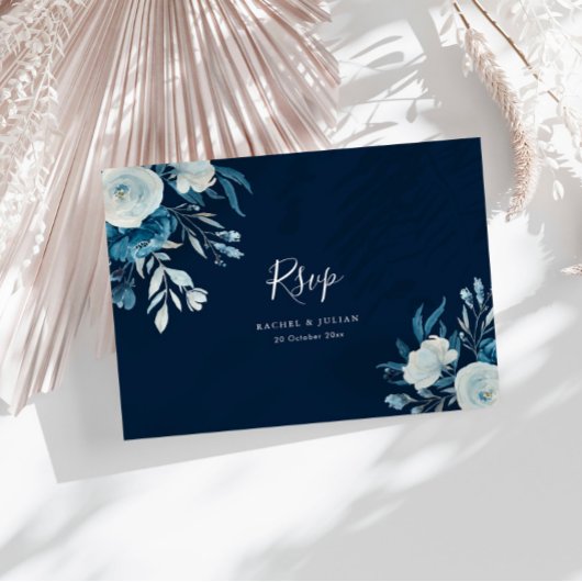 Waterverf blauwe florale bruiloft RSVP Briefkaart