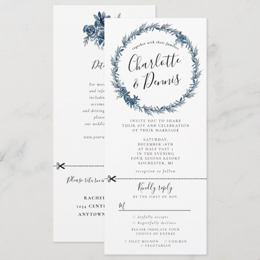 waterverf blauwe florale spiegel w rsvp bevestigd kaart (Voorkant / Achterkant)