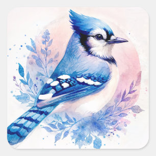 Waterverf Blauwe Gaai Botanische Vogel Vierkante Sticker
