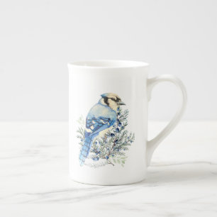 Waterverf Blauwe Gaai Vogel Blauwe Bosbessen Lande Porselein Kop