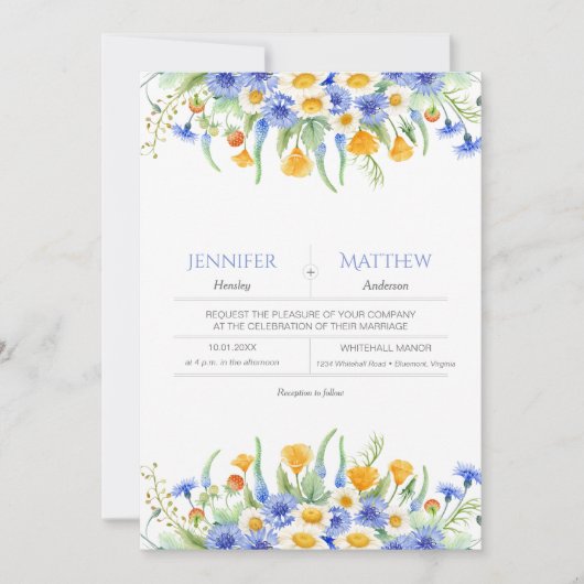Waterverf Blauwe Gele Wildbloemen Uitnodigingen (Voorkant)
