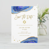 Waterverf Blauwe Geode met Goud | Bar Mitzvah Save The Date (Staand voorkant)