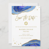 Waterverf Blauwe Geode met Goud | Bat Mitzvah Save The Date (Voorkant)