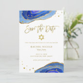 Waterverf Blauwe Geode met Goud | Bat Mitzvah Save The Date (Staand voorkant)