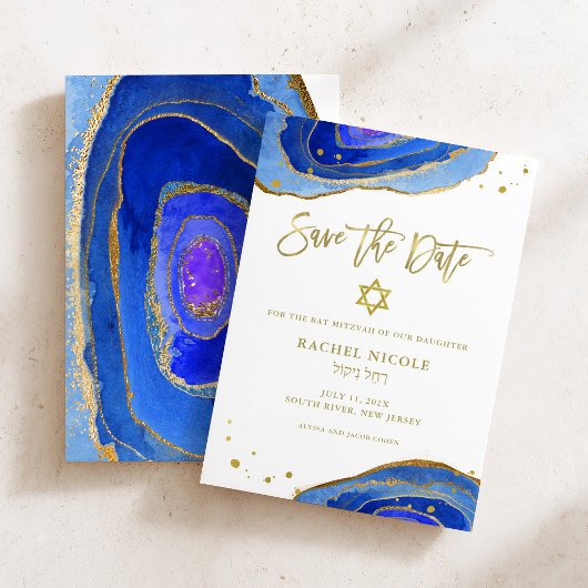 Waterverf Blauwe Geode met Goud | Bat Mitzvah Save The Date