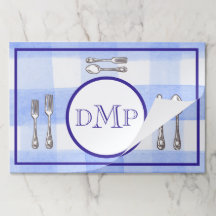 Waterverf Blauwe Geruite MONOGRAM Papier Placemat