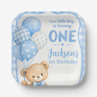 Waterverf Blauwe Gingham Kleine Beer 1e Verjaardag Papieren Bordje