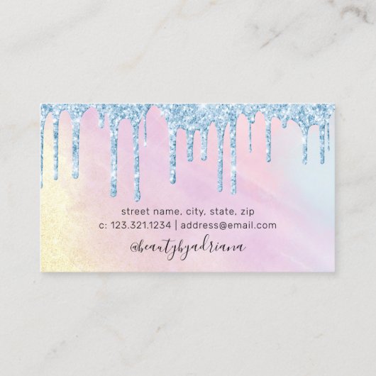 Waterverf blauwe glitter druppelt haar en make-up visitekaartje (Achterkant)