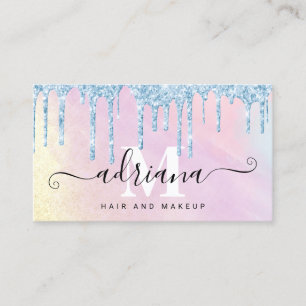 Waterverf blauwe glitter druppelt haar en make-up visitekaartje