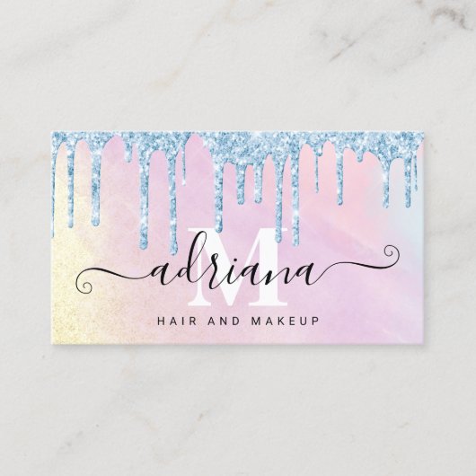 Waterverf blauwe glitter druppelt haar en make-up visitekaartje (Voorkant)