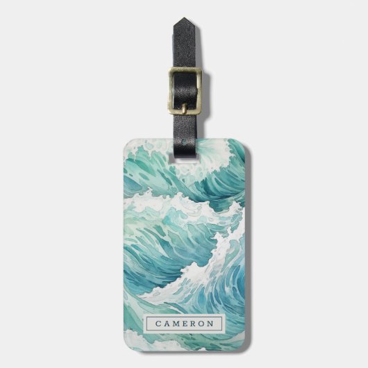 Waterverf blauwe golven aangepaste naam bagagelabel (Voorkant verticaal)