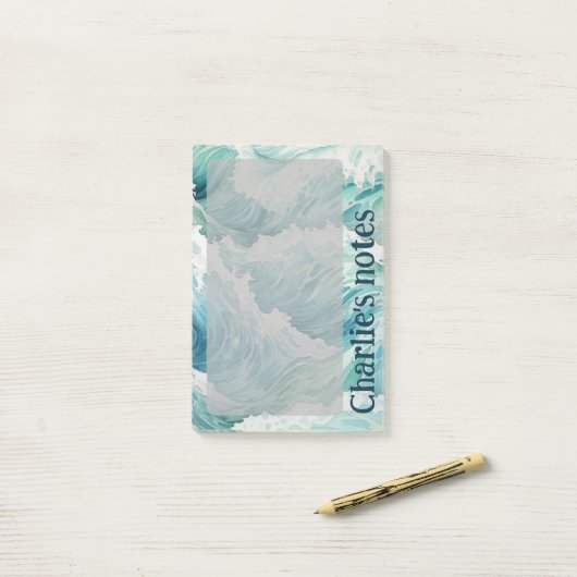 Waterverf blauwe golven aangepaste naam post-it® notes (Op bureau)