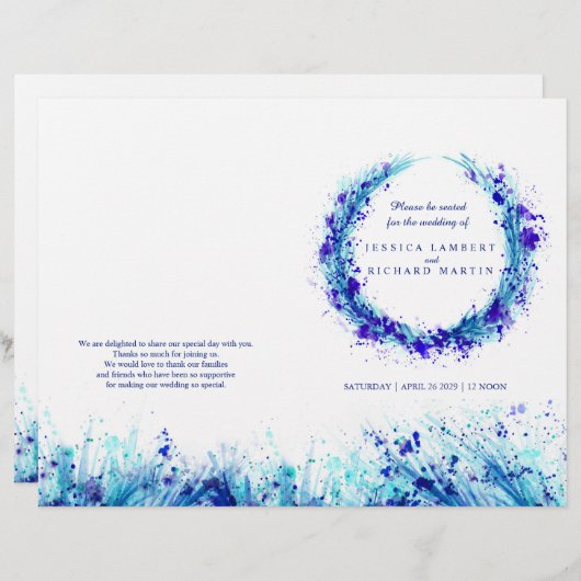 Waterverf blauwe graskunst met bruiloft programma (Voorkant / Achterkant)