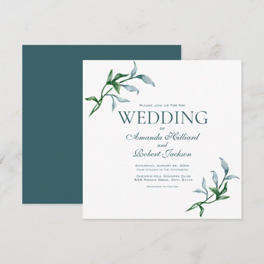 Waterverf Blauwe Groene Floral Elegant Wedding Kaart (Voorkant / Achterkant)