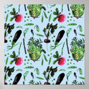 Waterverf  blauwe groene groenten in de tuinbouw poster