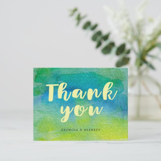 Waterverf Blauwe Groene Kalligrafie Dank u Bedankkaart (Staand voorkant)