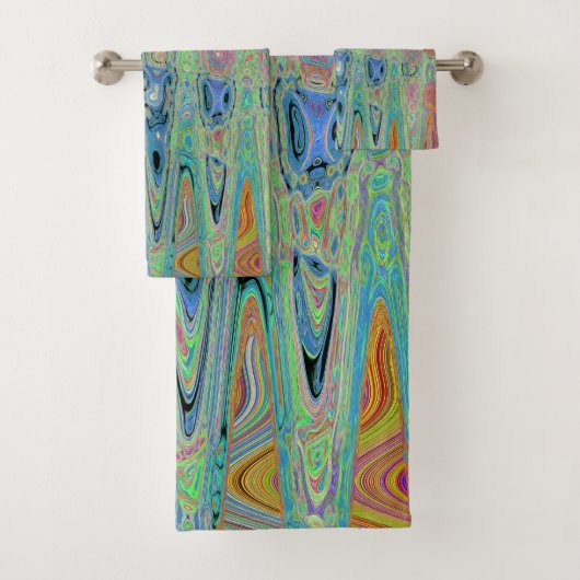 Waterverf Blauwe Groovy Abstracte Retro Atoomgolve Bad Handdoek (Insitu)